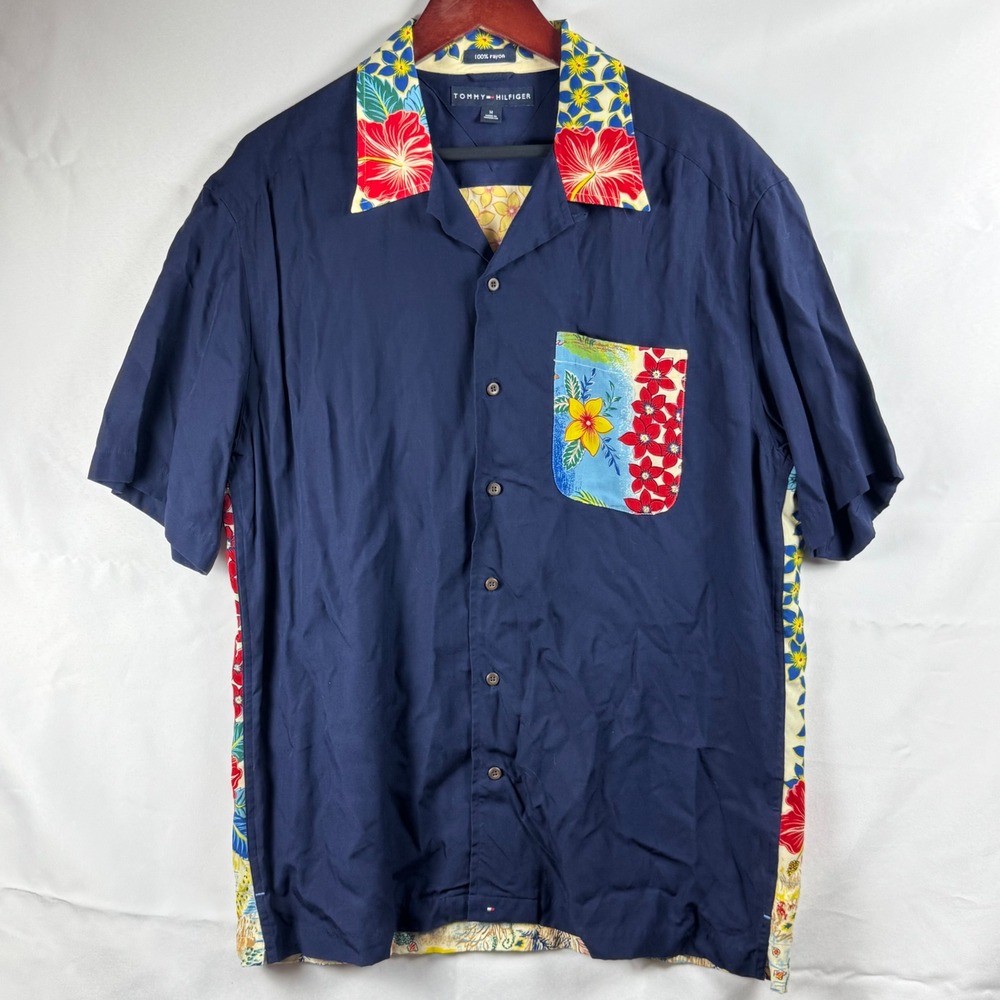 Tommy Hilfiger Mens Navy Hawaiian Islands Map Rayon Button Down Shirt Medium